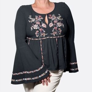 American Eagle Boho Embroidered Bell Sleeve Peplum Tunic 0X L Cottagecore